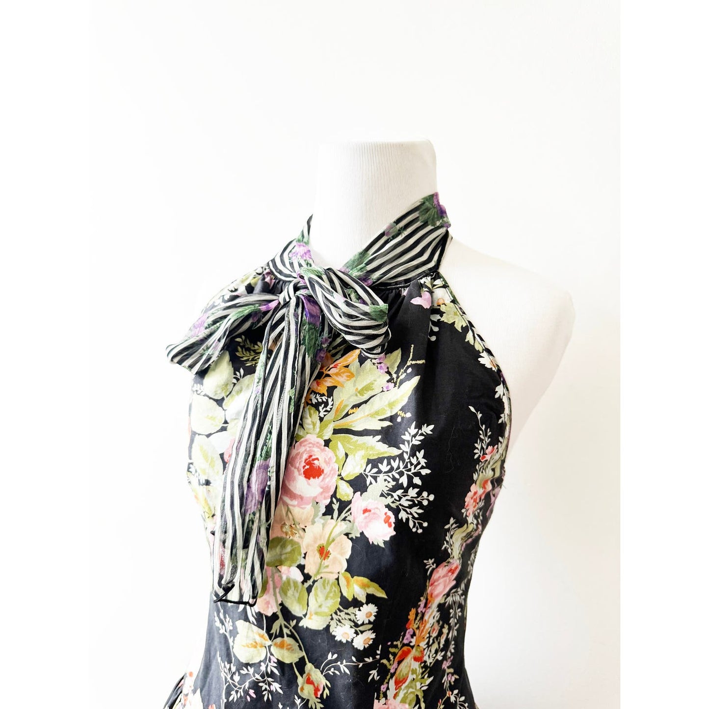 Y2k ANNA SUI Black Tie Neck Floral Dress | Size 2