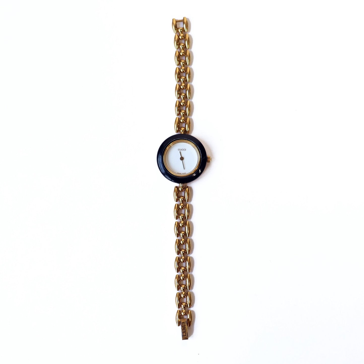 Vintage Gold Toned Watch with White Face and Black Bezel | GUCCI