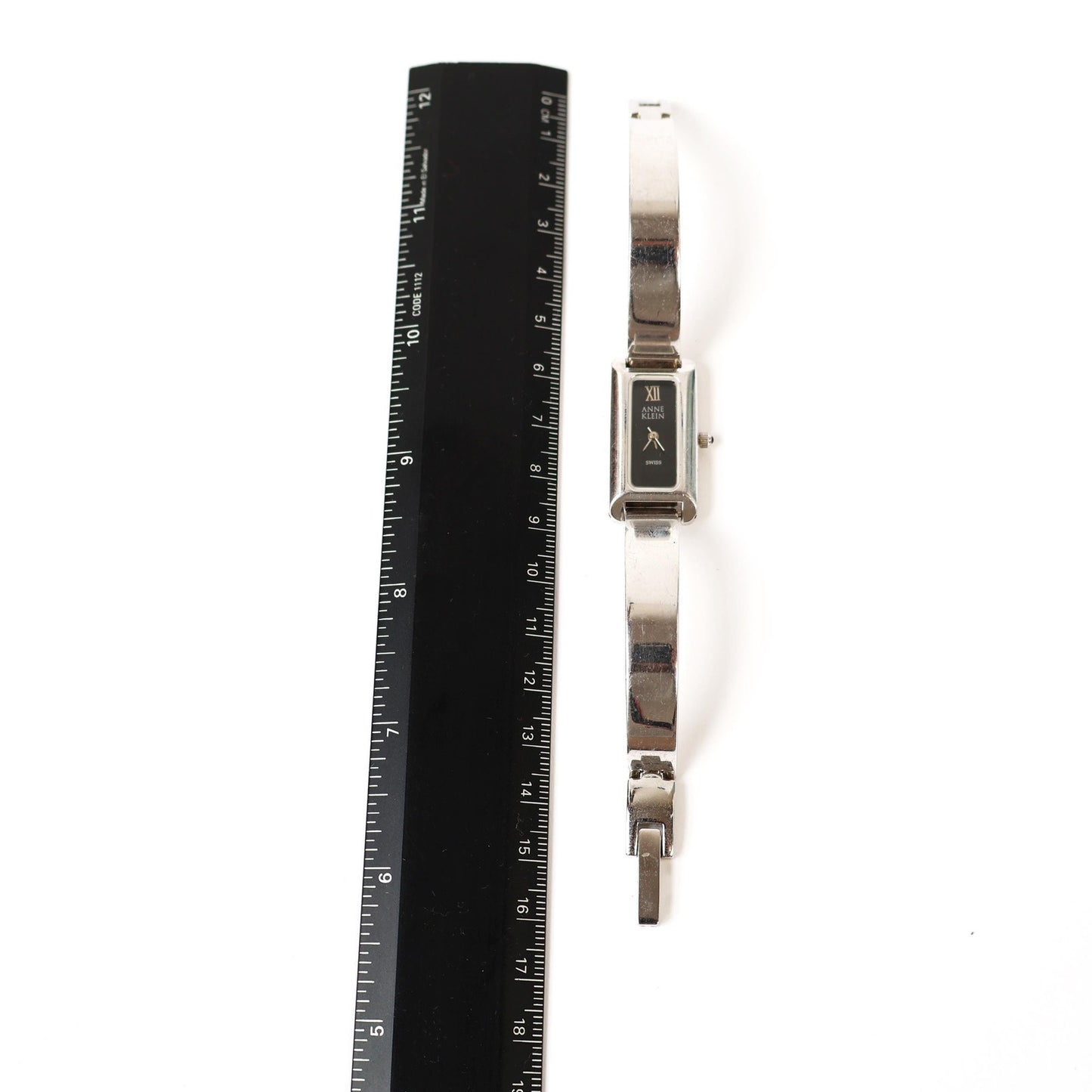 Vintage Silver Watch with Black Rectangle Face | ANNE KLEIN