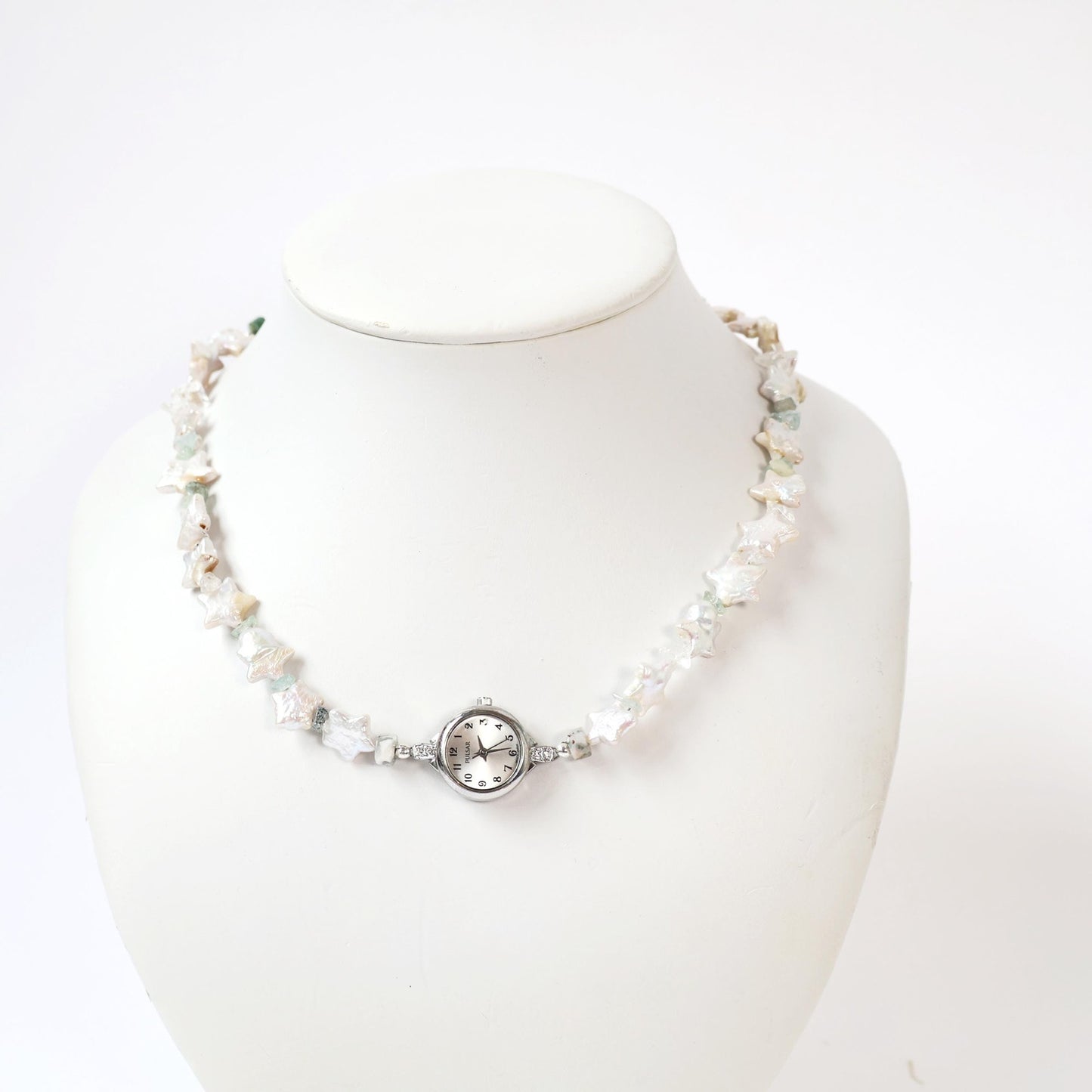 Reworked Star Pearl and Blue Crystal Choker Necklace with Vintage Watch Face (Working) | PULSAR