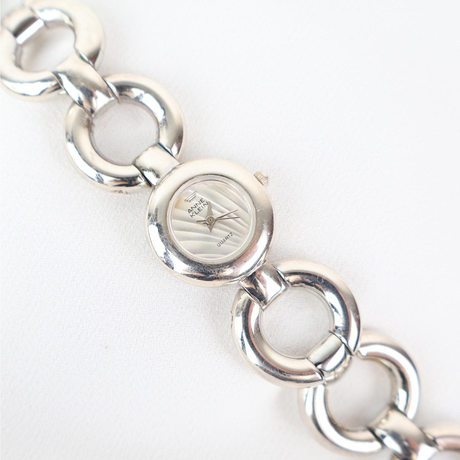 Vintage Silver Anne Klein Watch with Circle Face and Chain