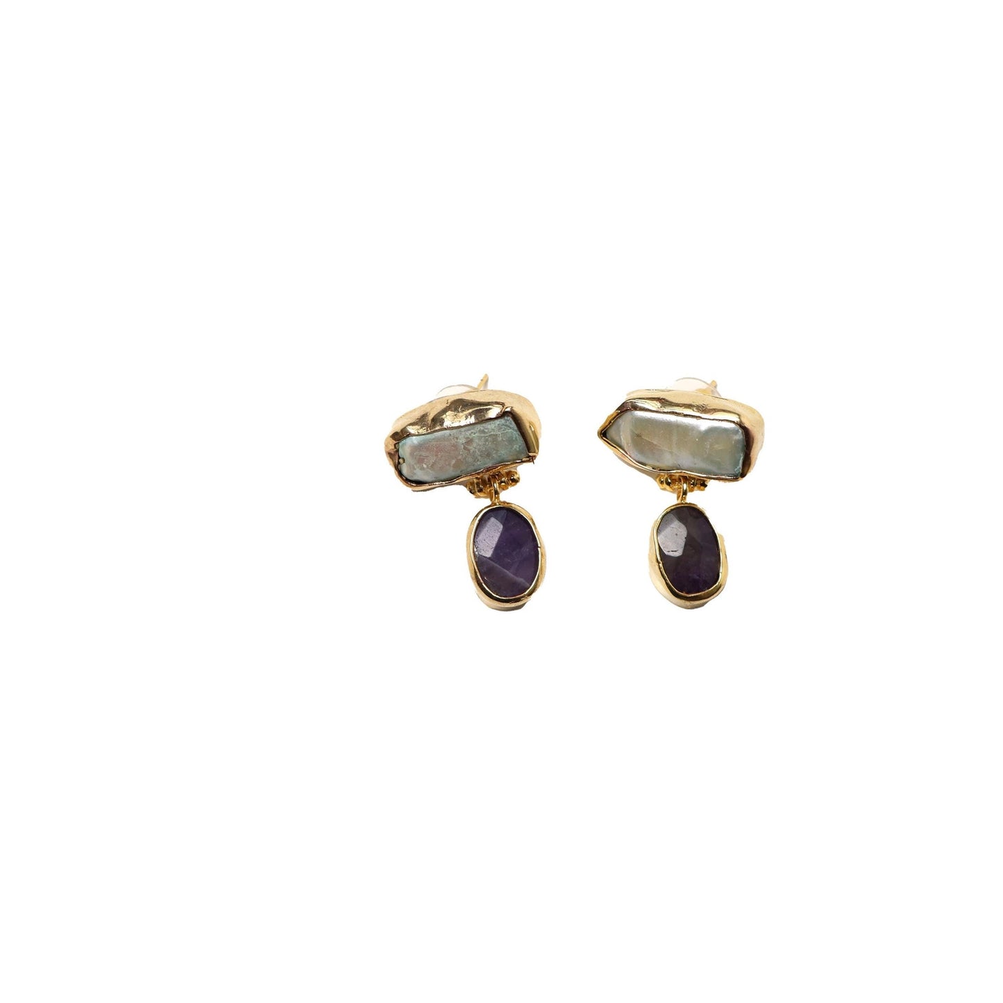 Eclectic Inventory Gold Toned Natural Stone Drop Earrings | Pearl and Amethyst Style