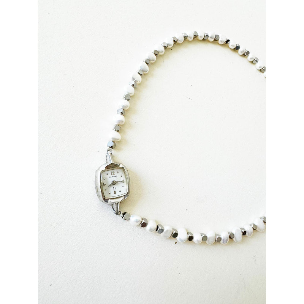 Watch Necklace | Vintage One of a Kind Pearl Watch Choker 10K White Gold Face