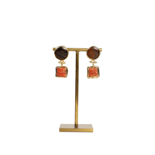 Eclectic Inventory Gold Toned Natural Stone Earrings with Pearl Drop | Tigers Eye and Coral Style