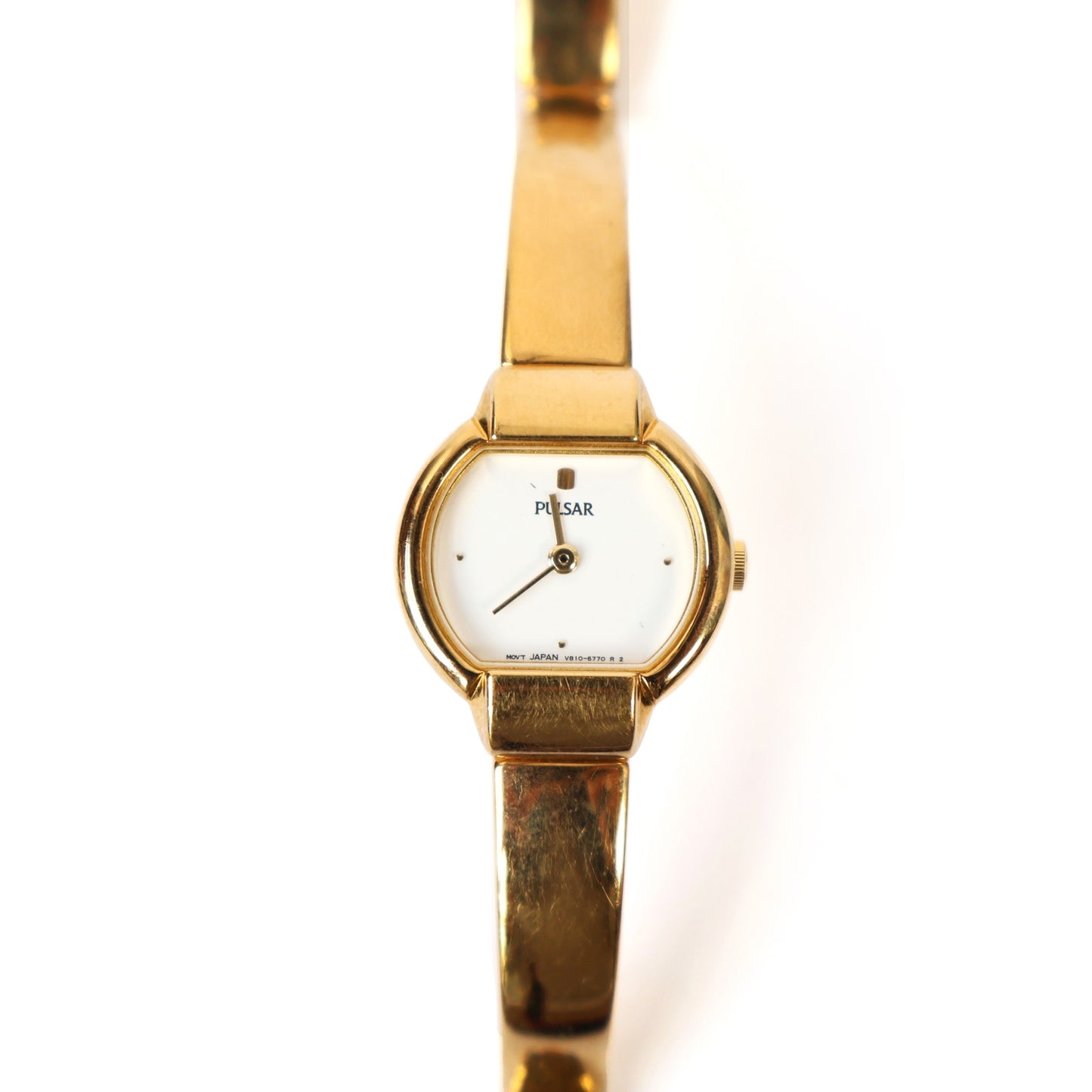 Vintage Gold Cuff Watch with White Round Face | PULSAR