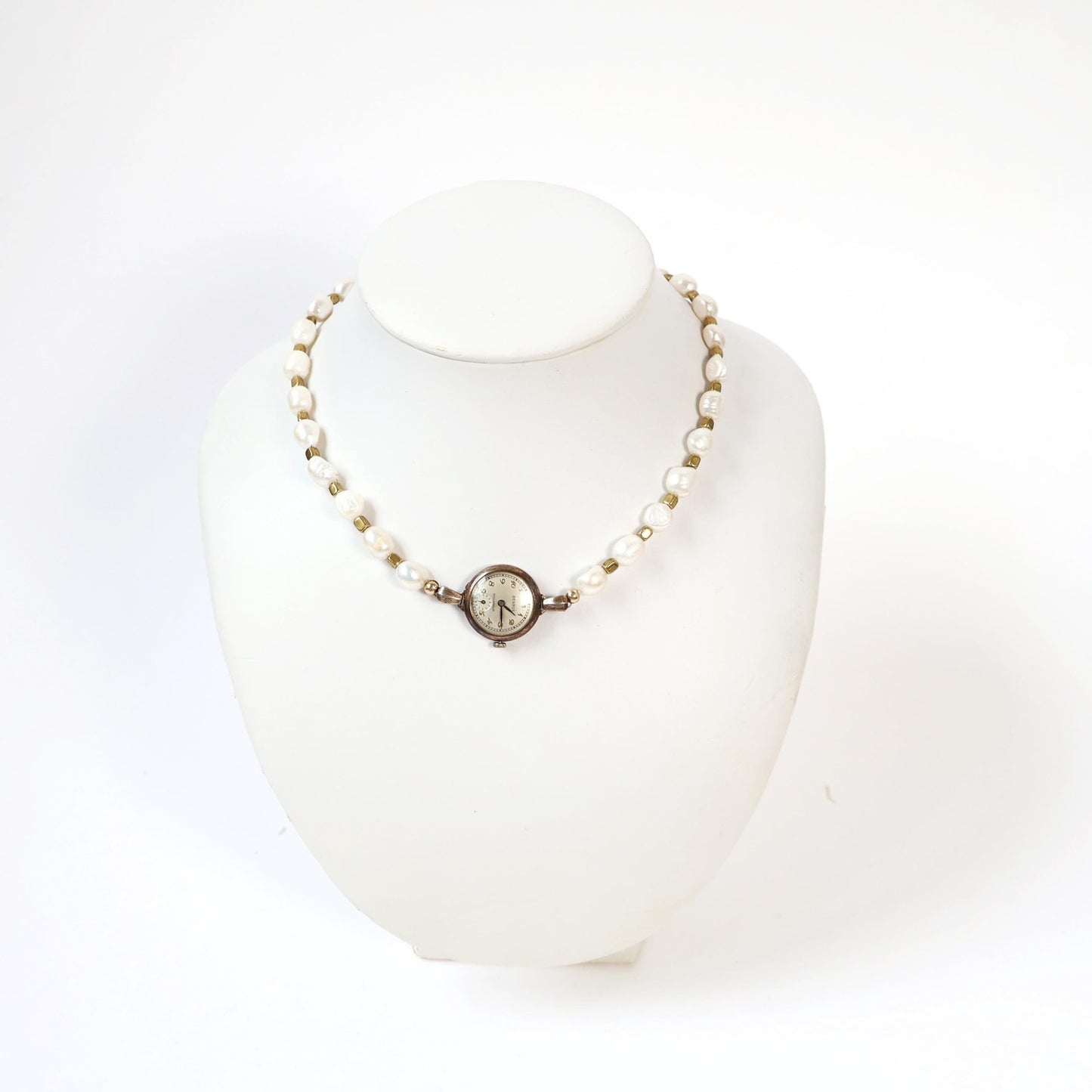 Reworked Gold and Pearl Choker Necklace with Vintage Watch Face (Nonworking) | BENRUS