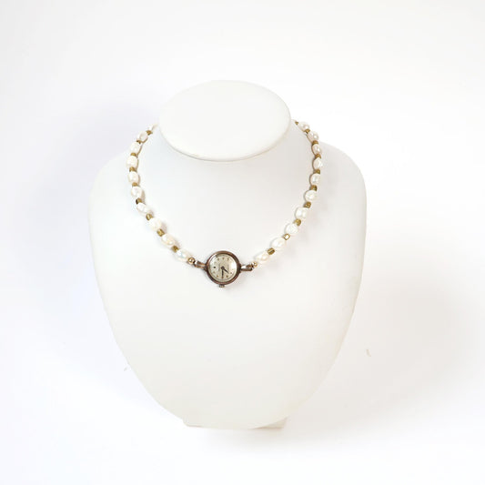 Reworked Gold and Pearl Choker Necklace with Vintage Watch Face (Nonworking) | BENRUS
