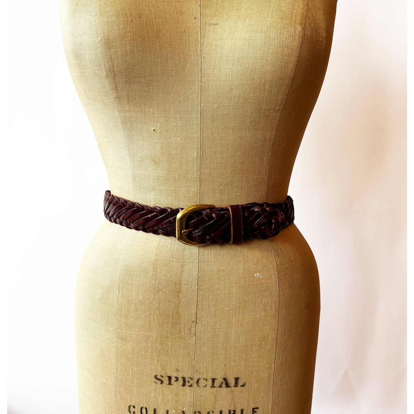 Vintage Brown Genuine Leather Woven Belt with Gold Buckle