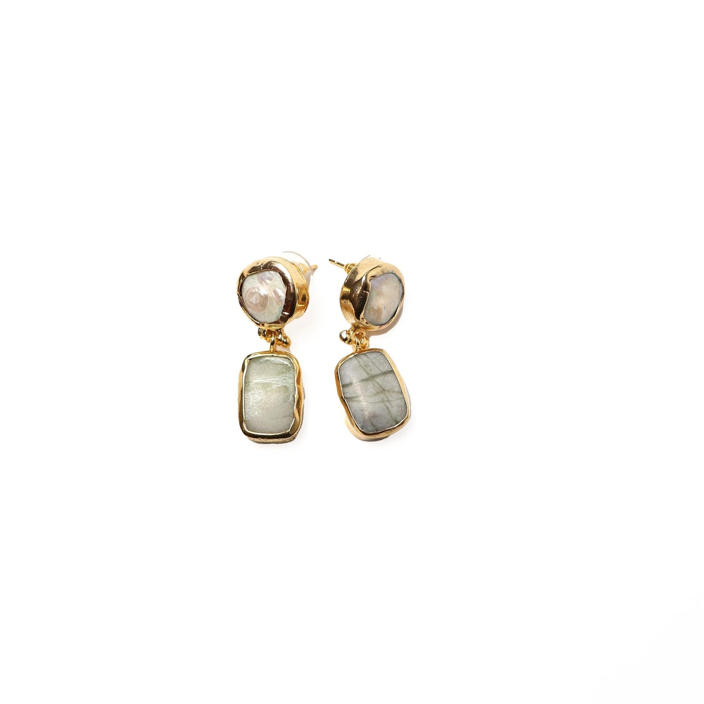 Eclectic Inventory Gold Toned Natural Stone Drop Earrings | Baroque Pearl and Agate Style