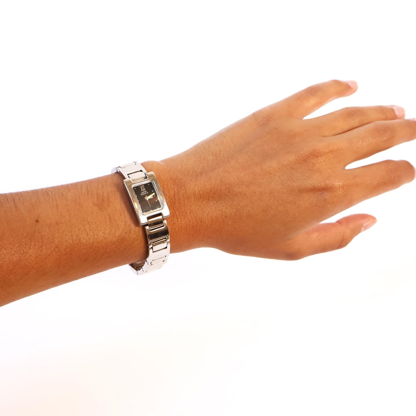 Vintage Silver Watch with Black Rectangle Face | ANNE KLEIN II
