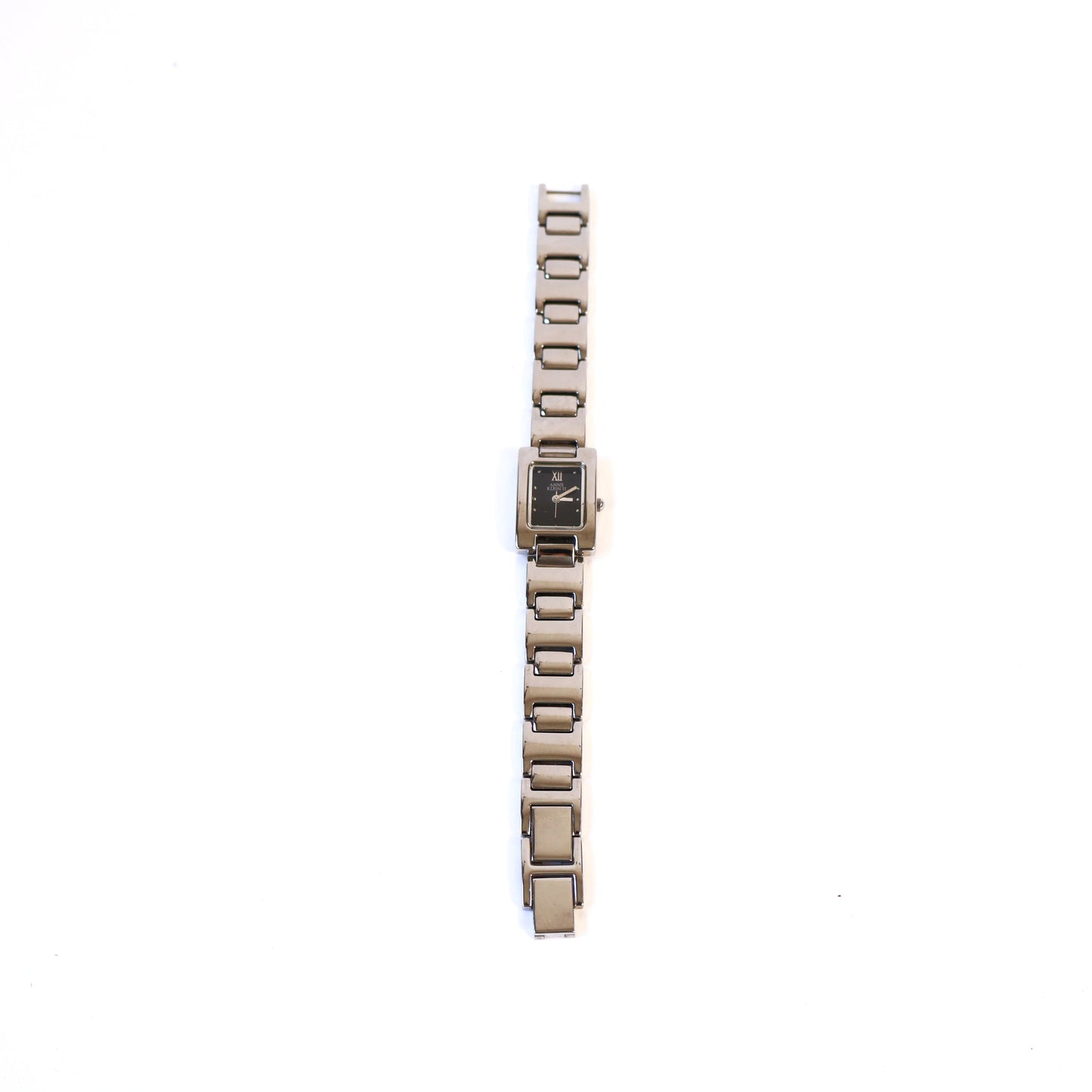 Vintage Silver Watch with Black Rectangle Face | ANNE KLEIN II