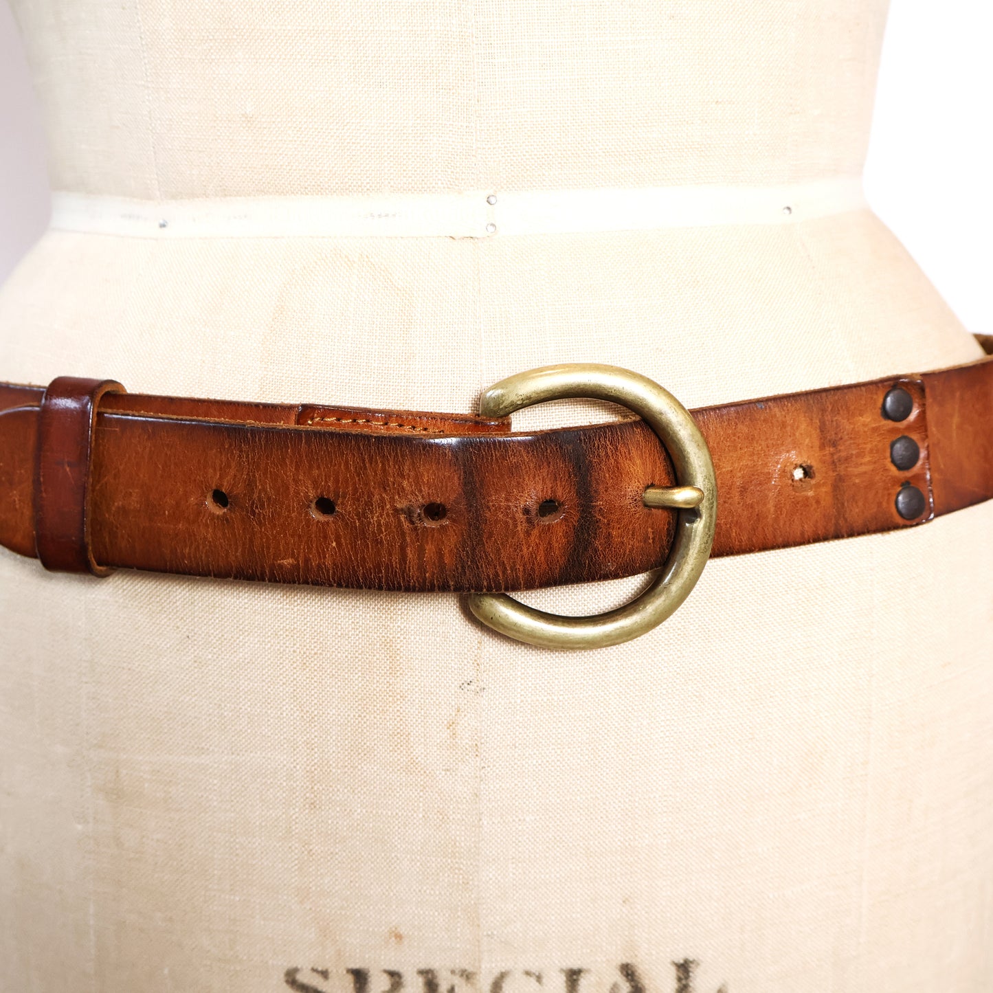 Vintage Brown Genuine Leather Belt with Gold Buckle