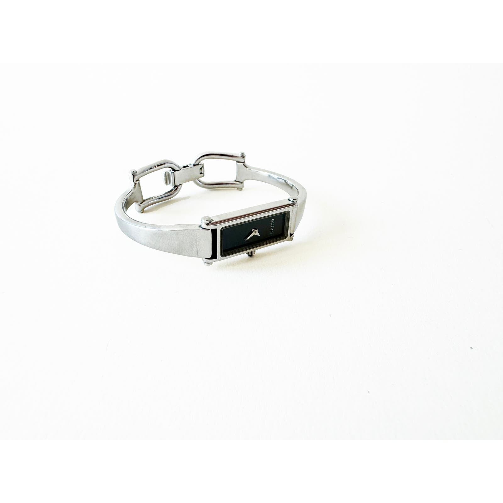 Vintage Gucci Silver Bracelet Watch with Black Rectangular Face