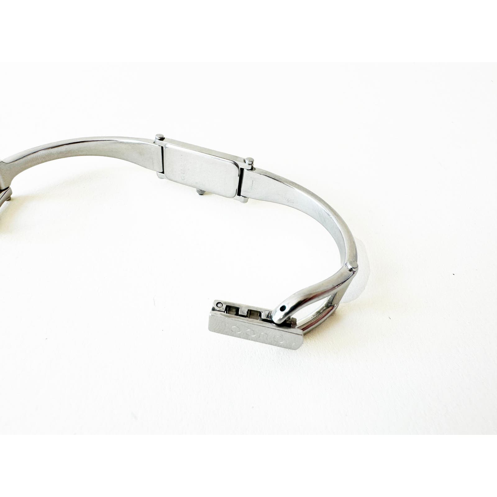 Vintage Gucci Silver Bracelet Watch with Black Rectangular Face