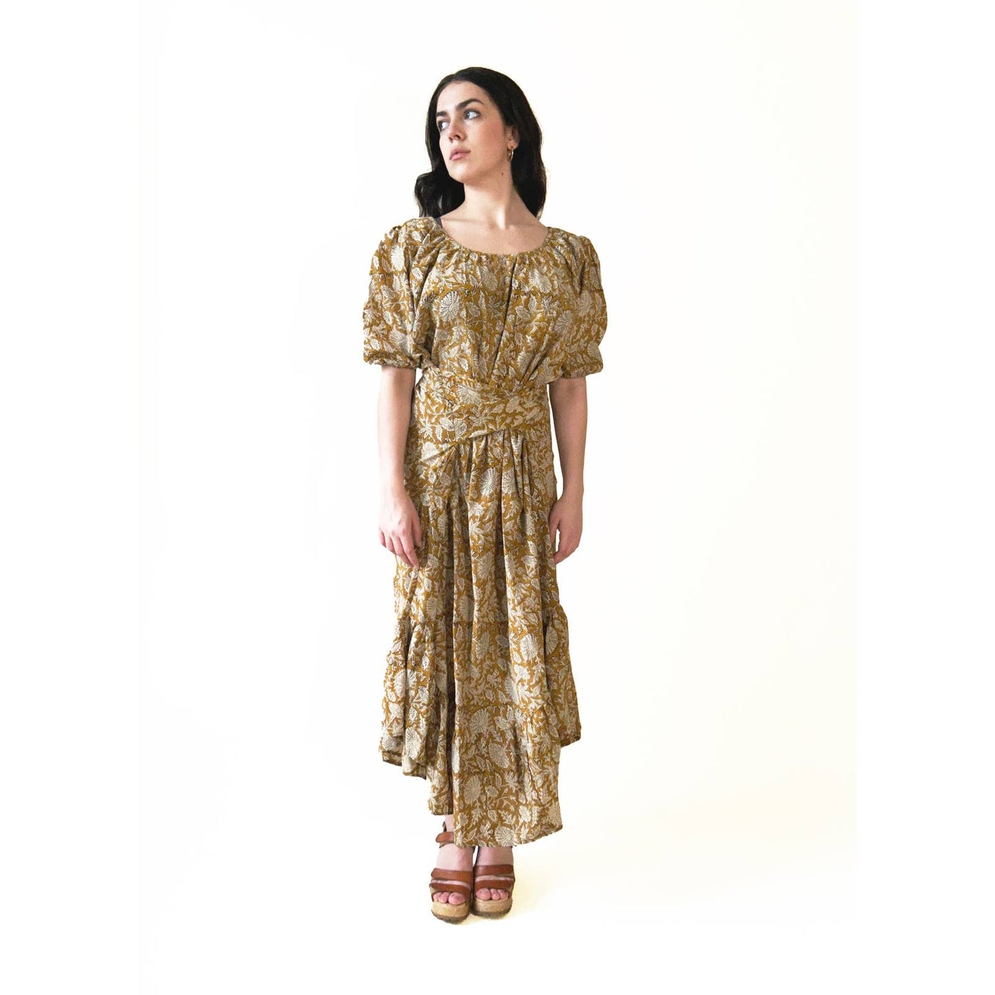 Puff Sleeve Boho Yellow Floral Dress