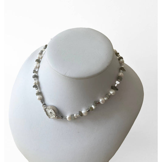Watch Necklace | Vintage One of a Kind Watch Choker with Pearls and Laborite Details