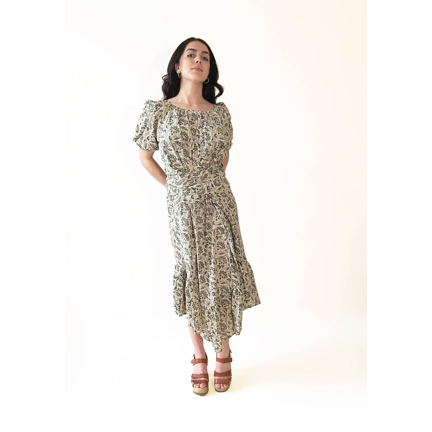 Block Print Puff Sleeve Long Green Maxi Dress