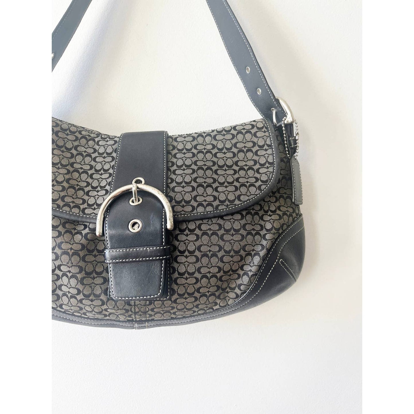 Black Leather Logo Y2k Coach Bag Grey With Buckle