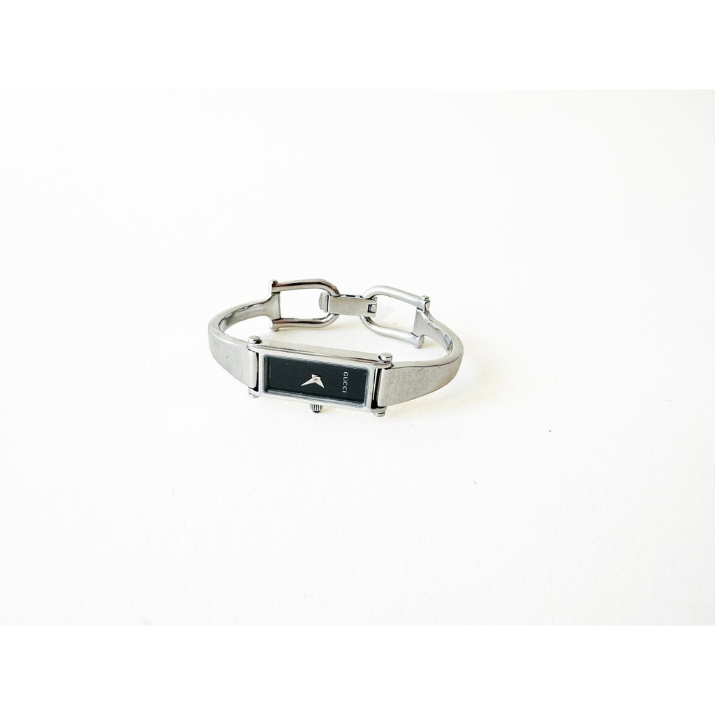 Vintage Gucci Silver Bracelet Watch with Black Rectangular Face