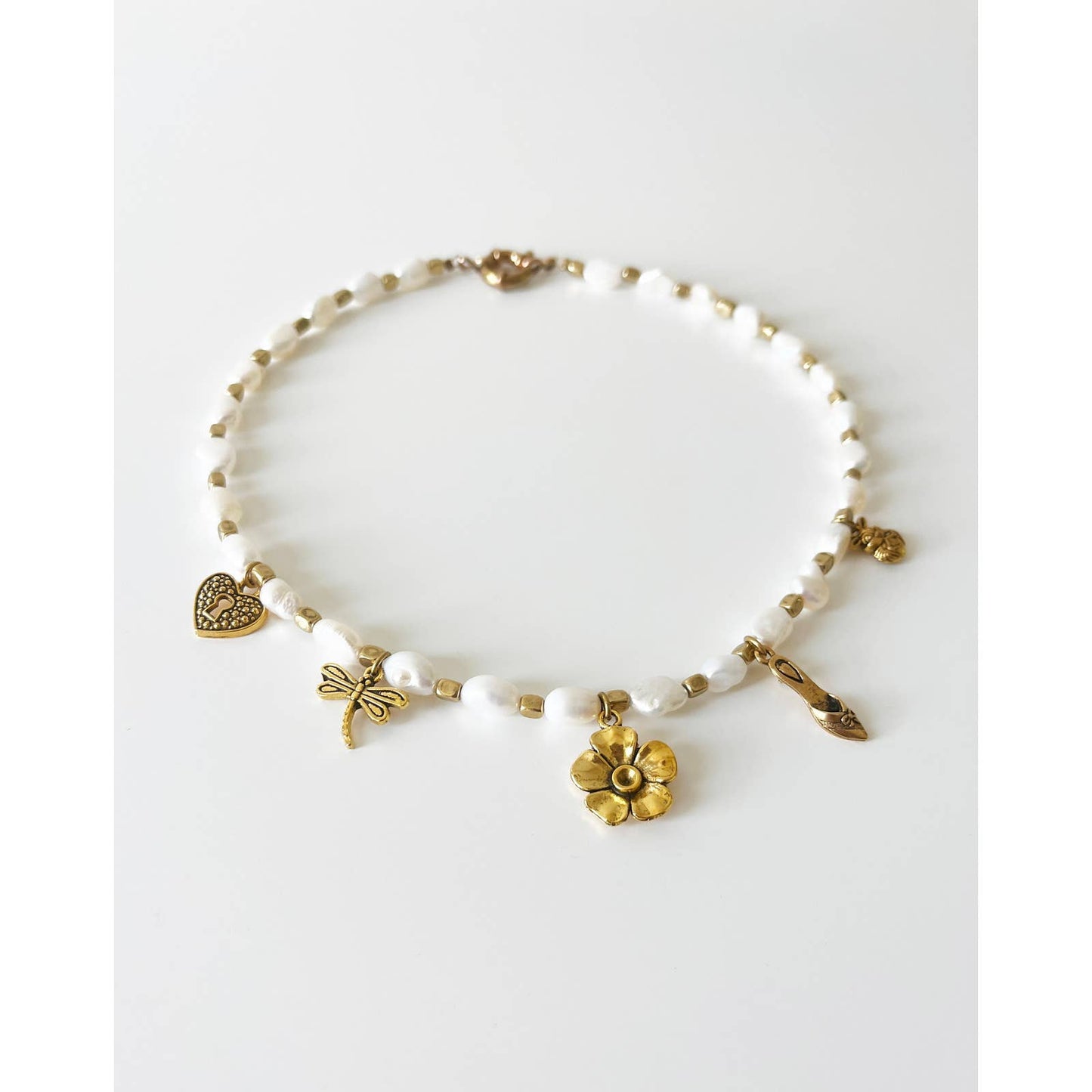 Handmade Brass Freshwater Pearl Charm Necklace