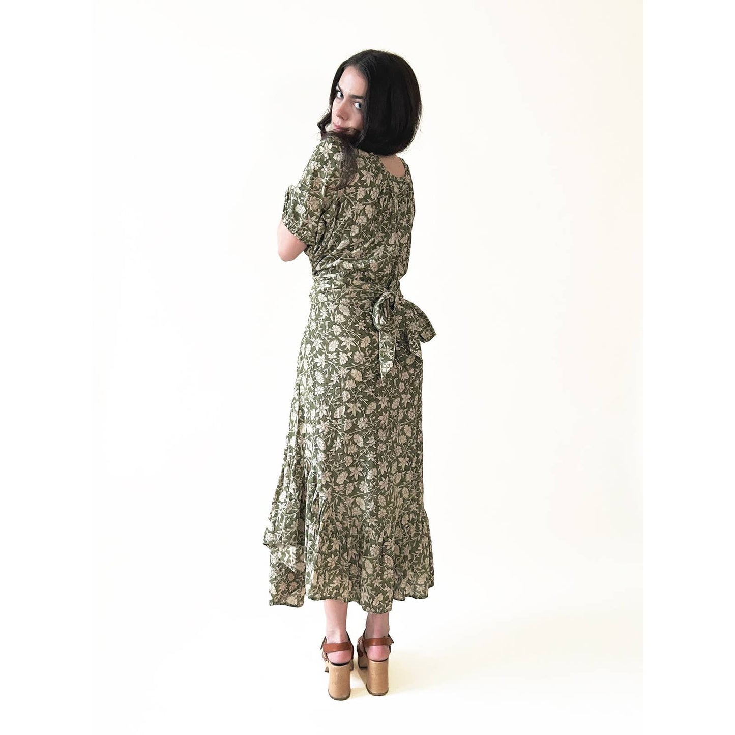 Block Print Puff Sleeve Long Green Maxi Dress
