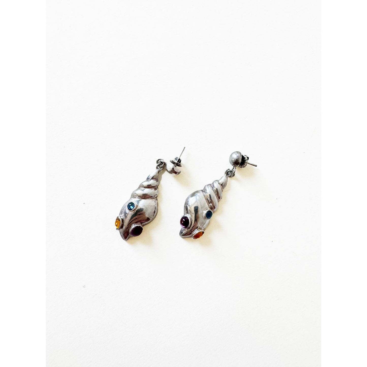 Vintage Rare Sterling Silver Shell Drop Earrings with Stones