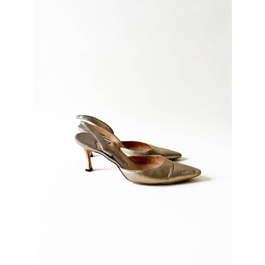 Vintage Manolo Blahnik Gold Pointed Toe Slingback Heels | Size 8.5 US 39 IT