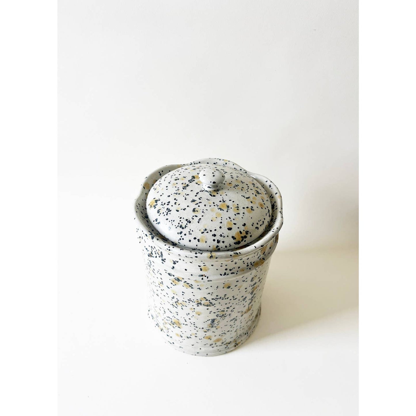 Vintage Black and Yellow Speckled Ceramic Jar, Mid Century Cookie Jar with Lid