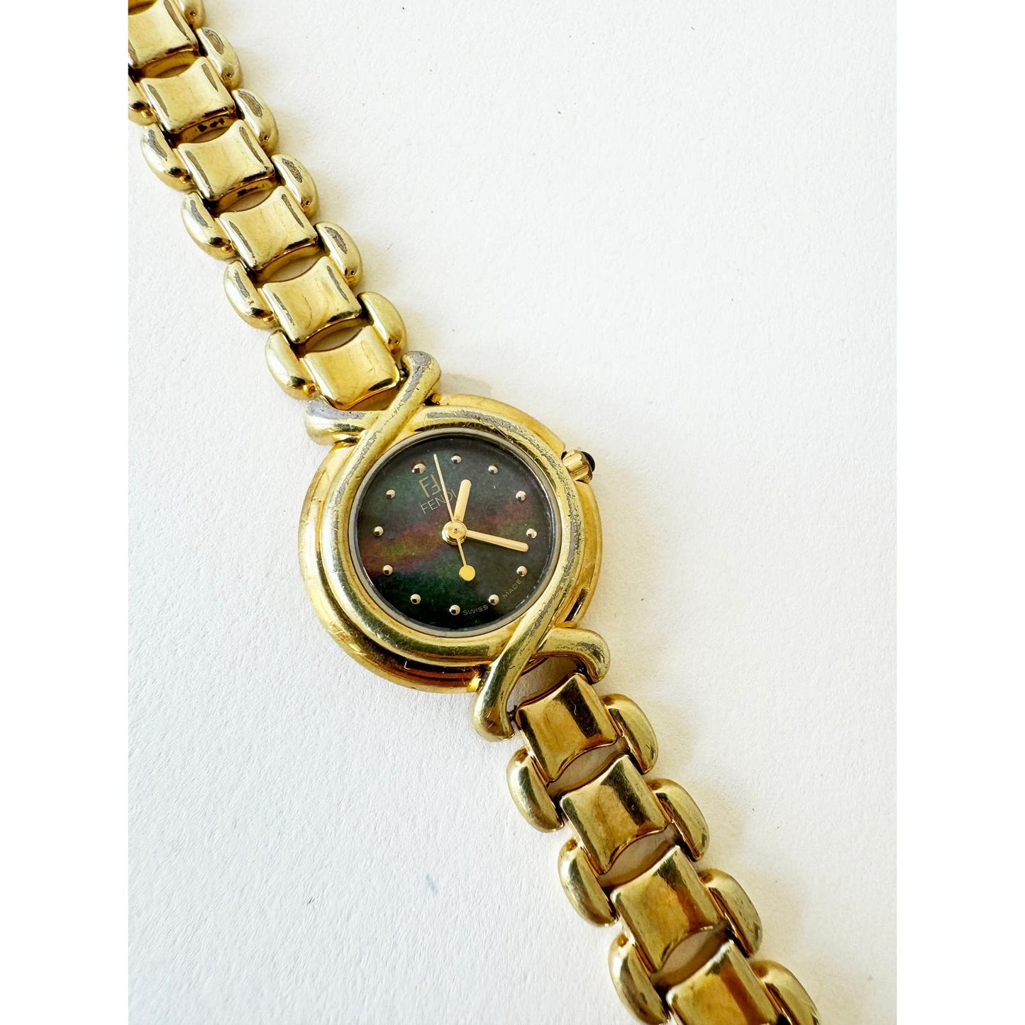 Vintage Fendi Gold Watch with Dark Mother of Pearl Face