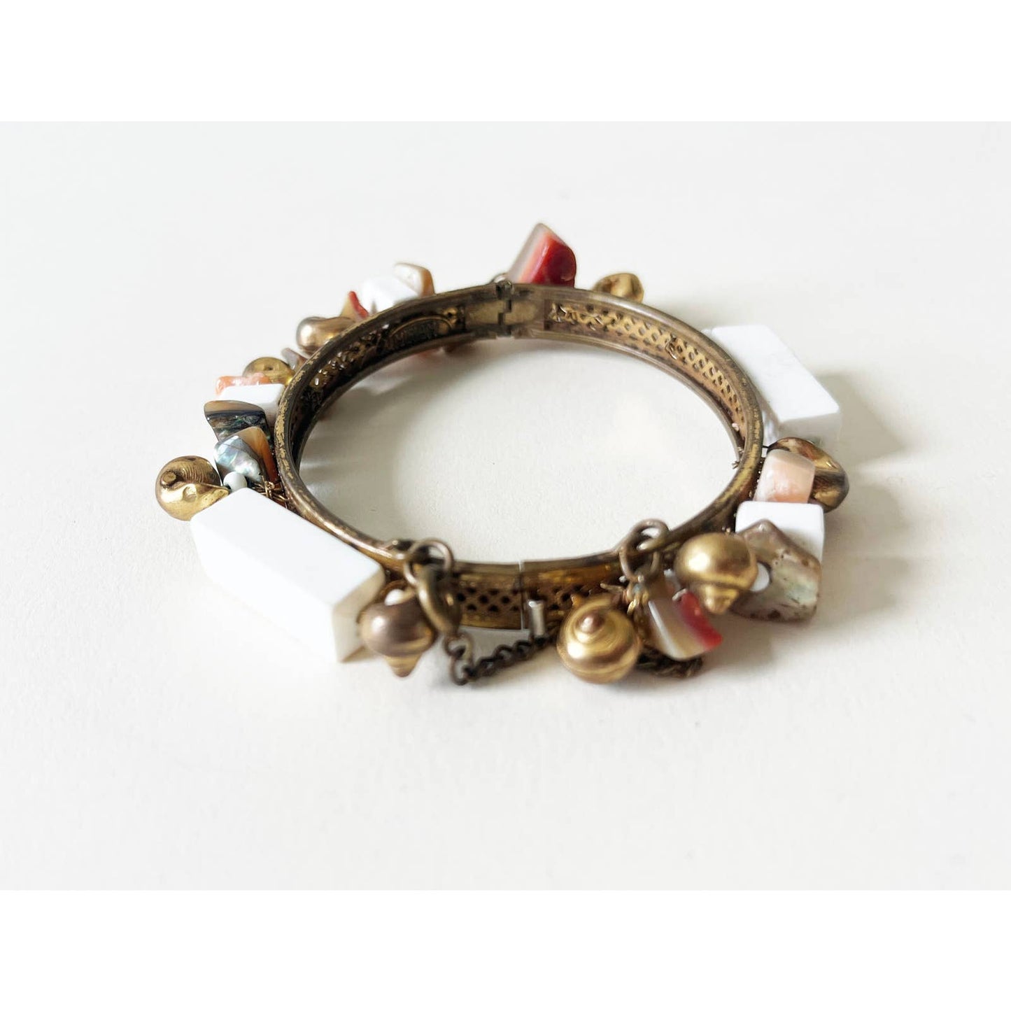 Miriam Haskell Hinged Gold Tone Bracelet with Beads and Shells