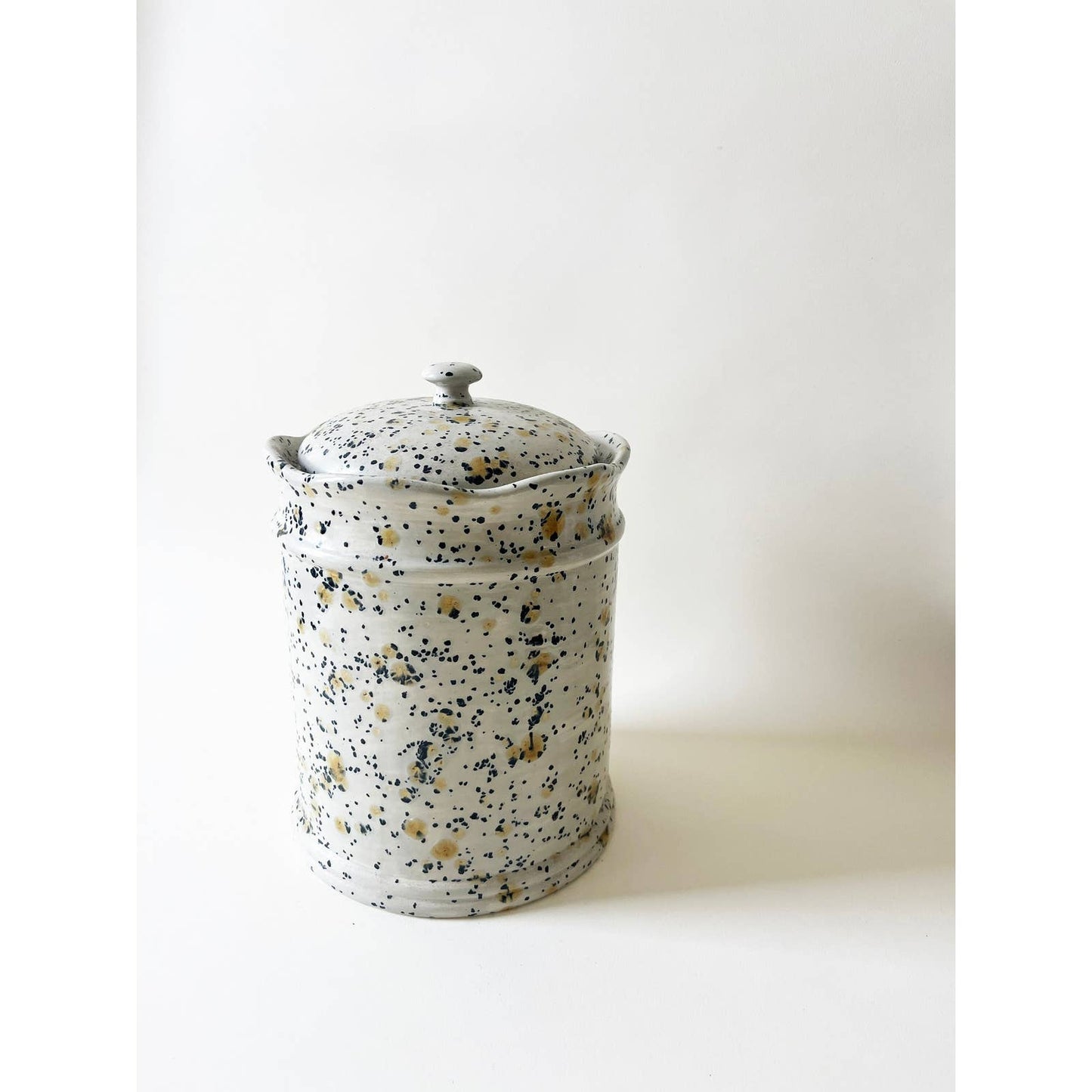 Vintage Black and Yellow Speckled Ceramic Jar, Mid Century Cookie Jar with Lid