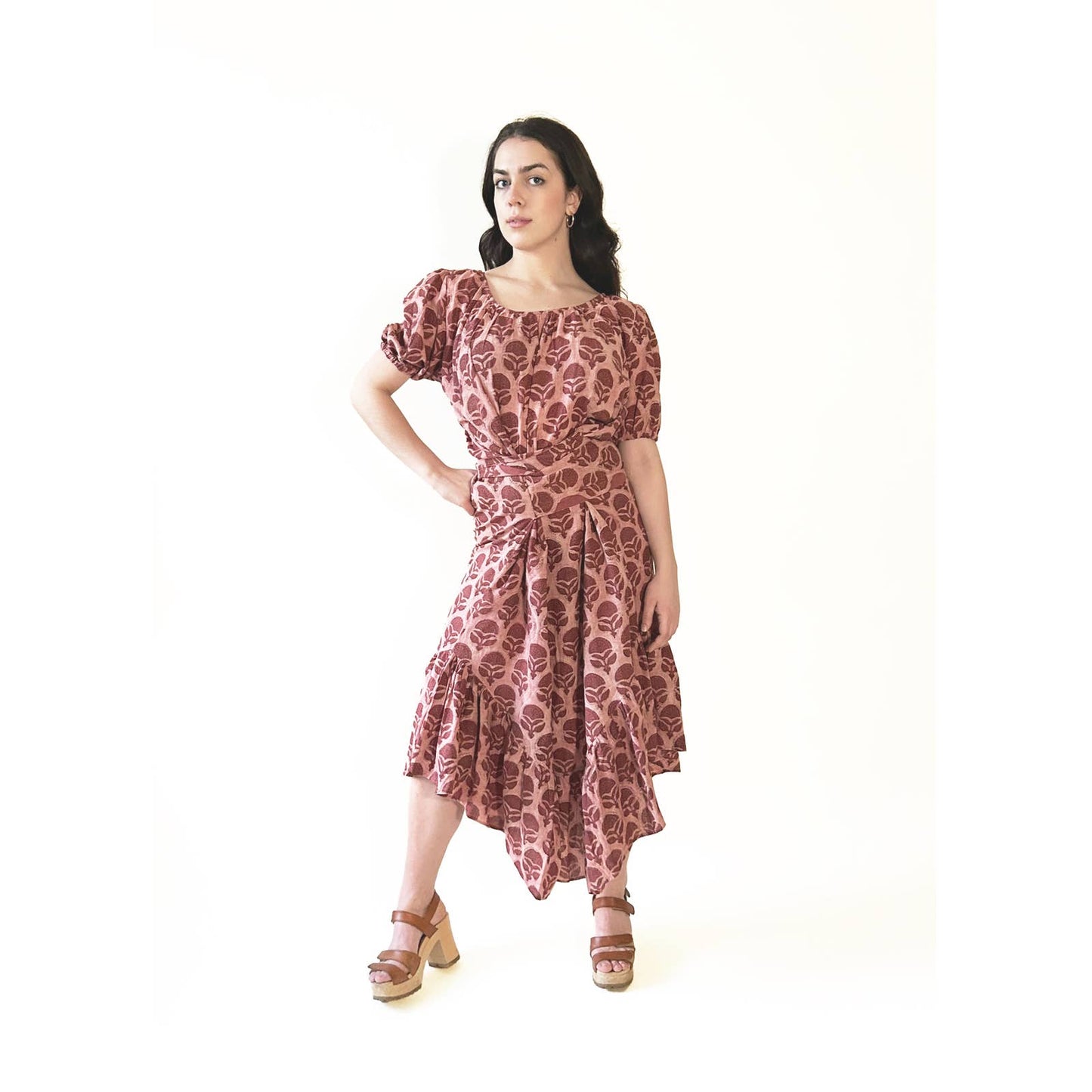 Hand Block Print Floral Pink Long Maxi Dress