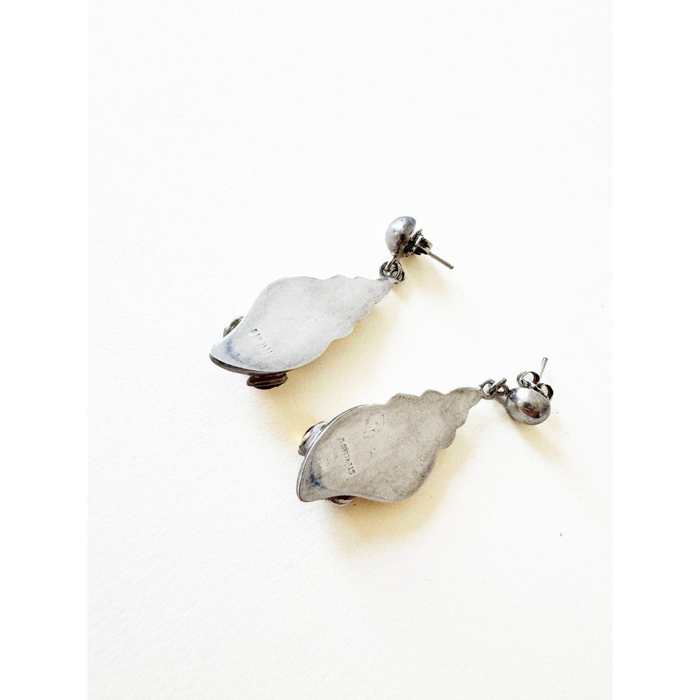 Vintage Rare Sterling Silver Shell Drop Earrings with Stones
