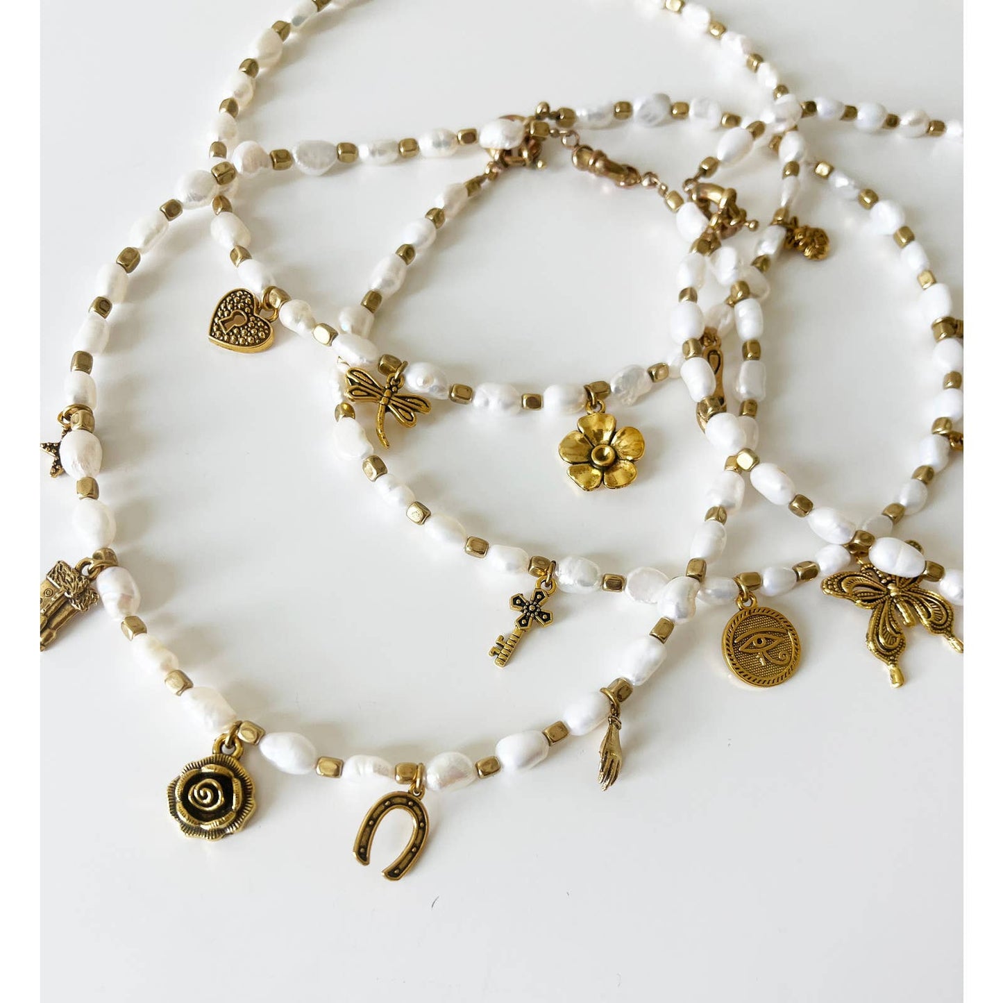 Handmade Brass Freshwater Pearl Charm Necklace