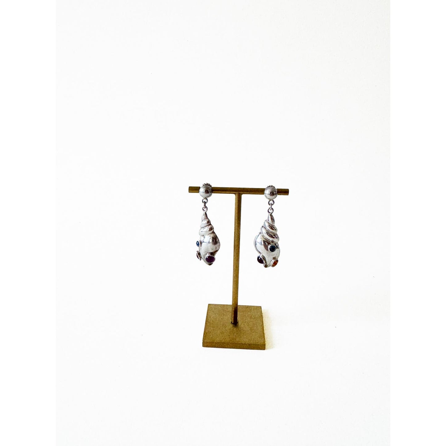 Vintage Rare Sterling Silver Shell Drop Earrings with Stones