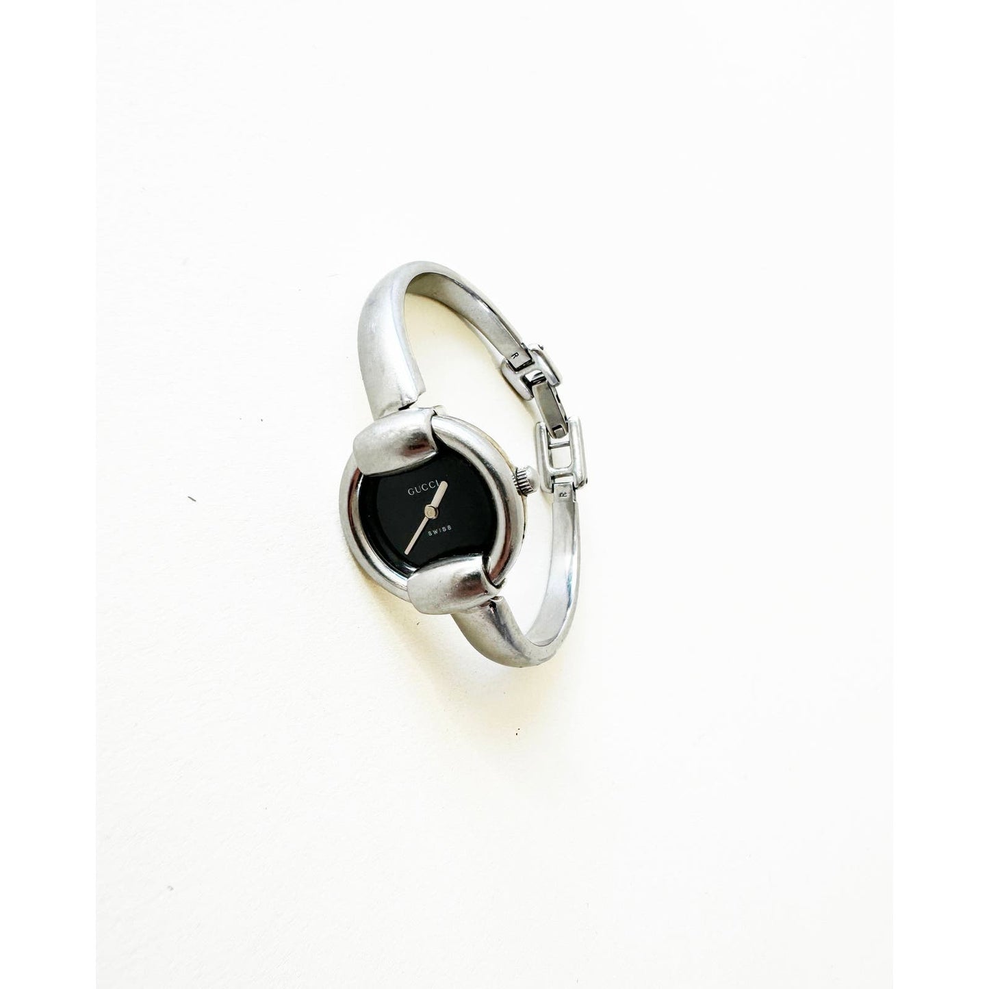 Vintage Gucci Silver Bracelet Watch with Black Circular Face