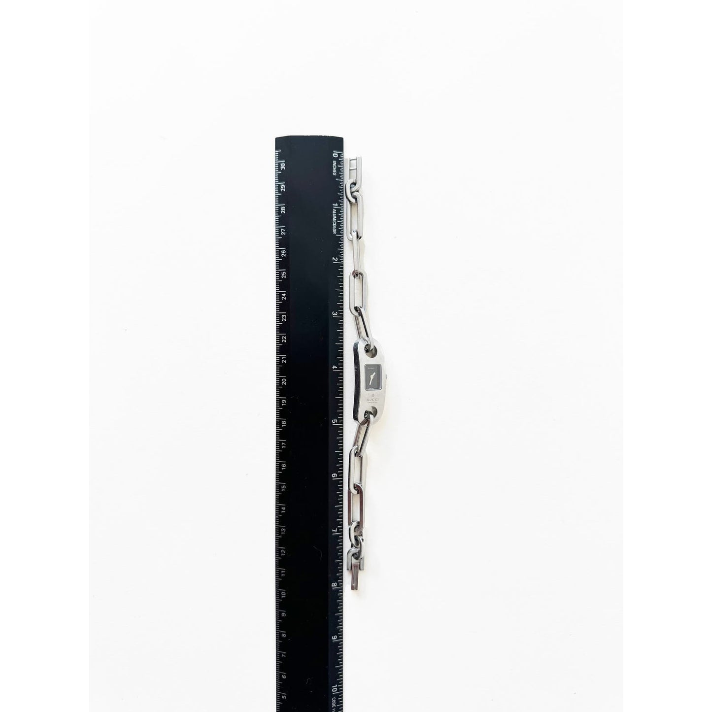 Vintage Gucci Silver Chain Bracelet Watch with Black Square Face