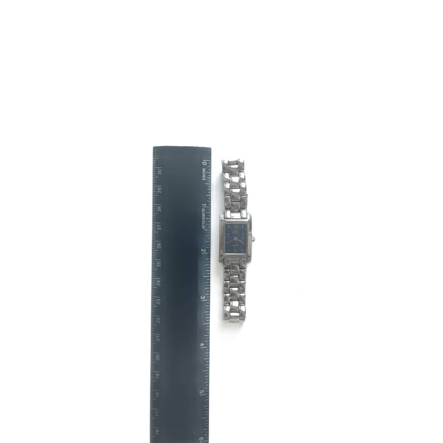 Silver Rectangular Watch with Navy Face