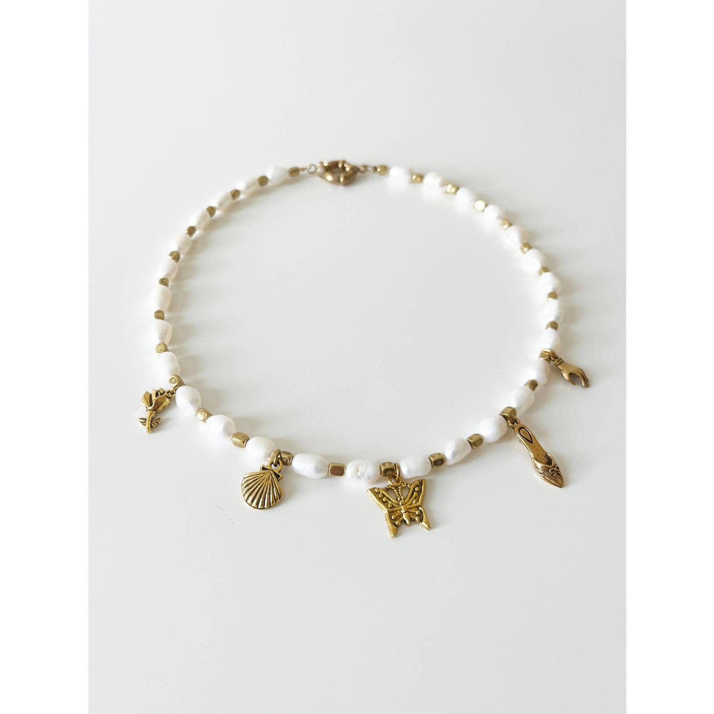 Handmade Brass Freshwater Pearl Charm Necklace