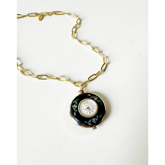 Watch Hand Painted Black Flower Charm Necklace | 925 Gold Vermeil Chain