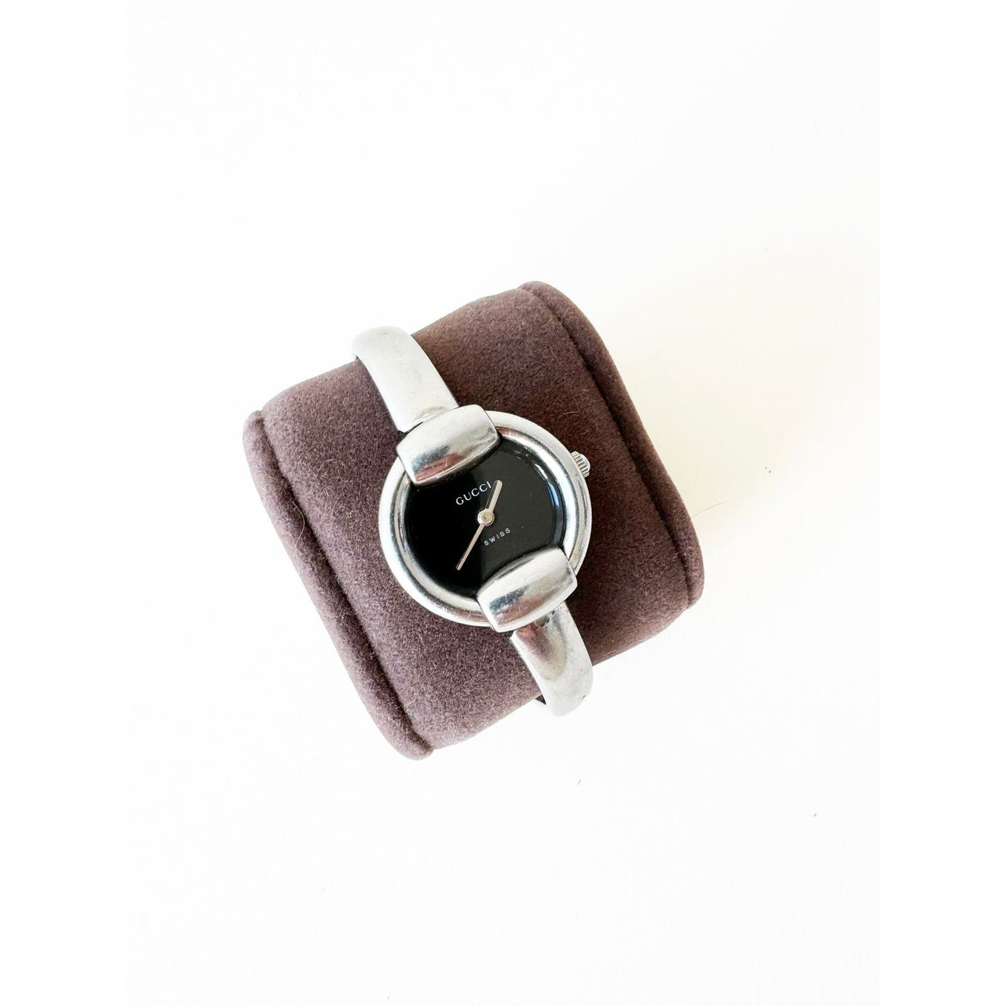Vintage Gucci Silver Bracelet Watch with Black Circular Face