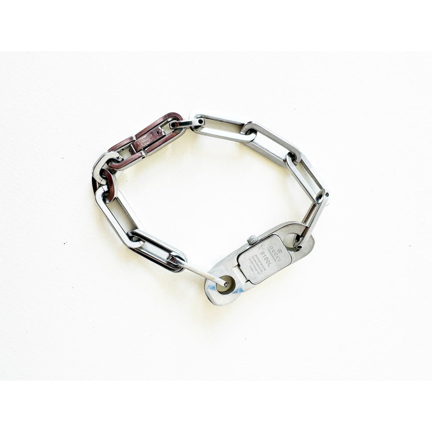 Vintage Gucci Silver Chain Bracelet Watch with Black Square Face