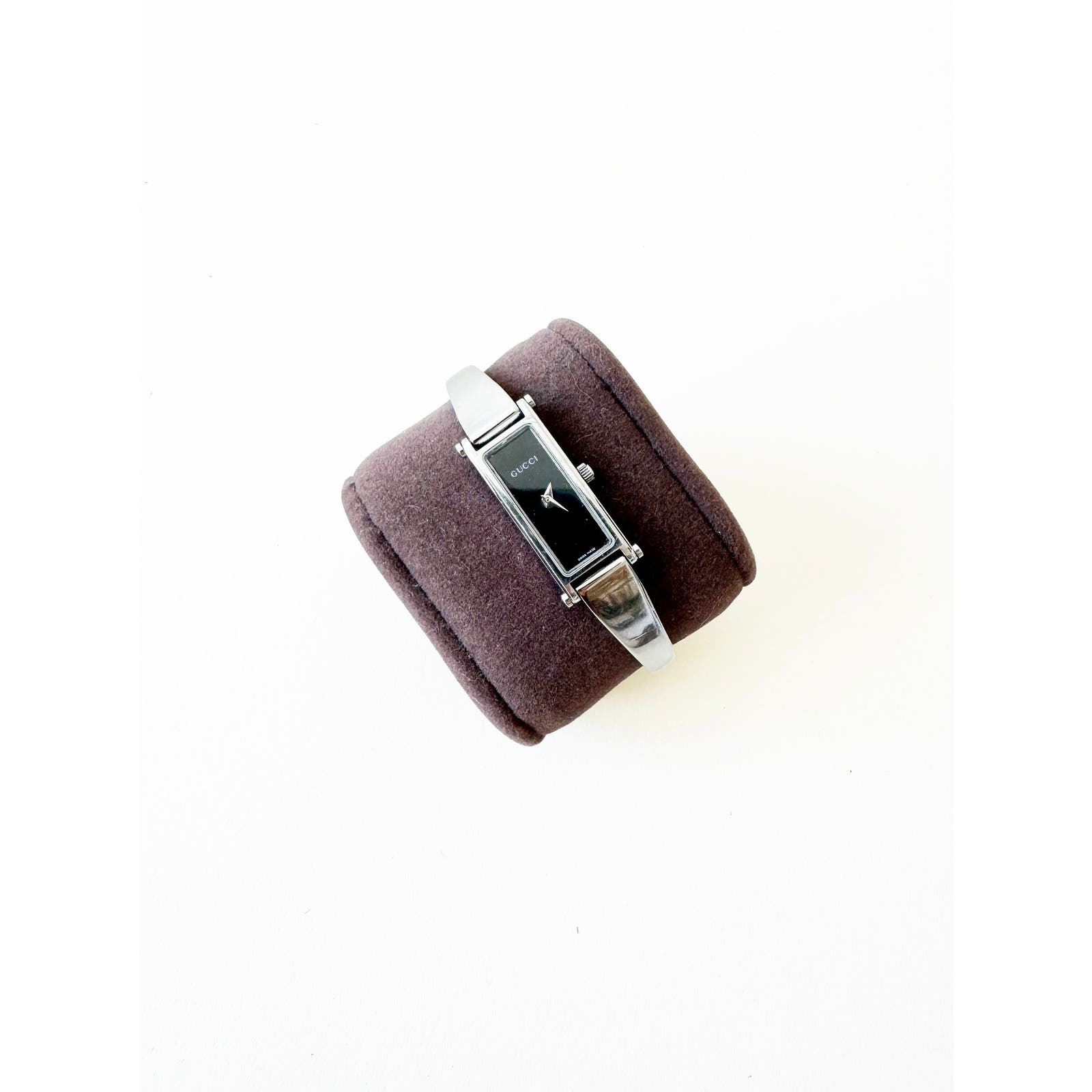 Vintage Gucci Silver Bracelet Watch with Black Rectangular Face
