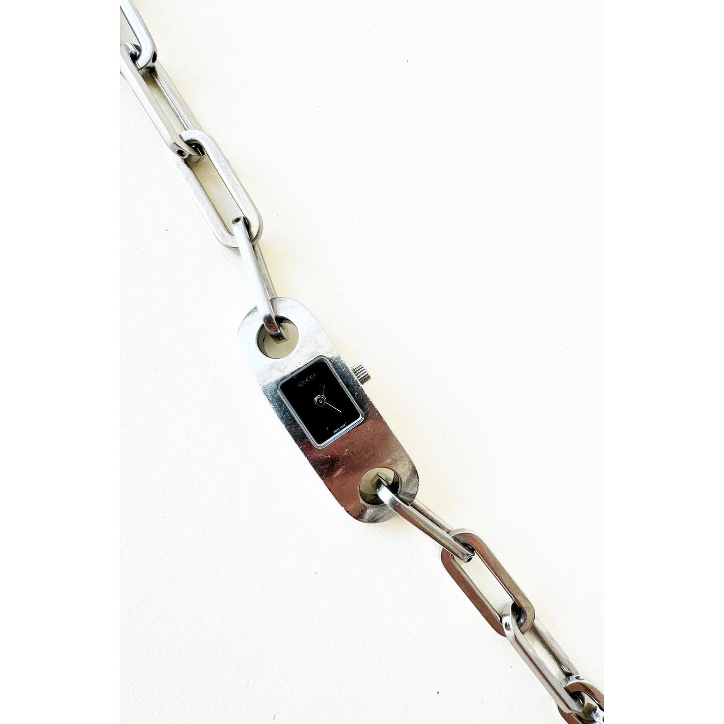 Vintage Gucci Silver Chain Bracelet Watch with Black Square Face