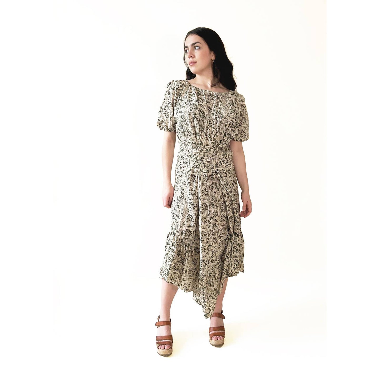 Block Print Puff Sleeve Long Green Maxi Dress