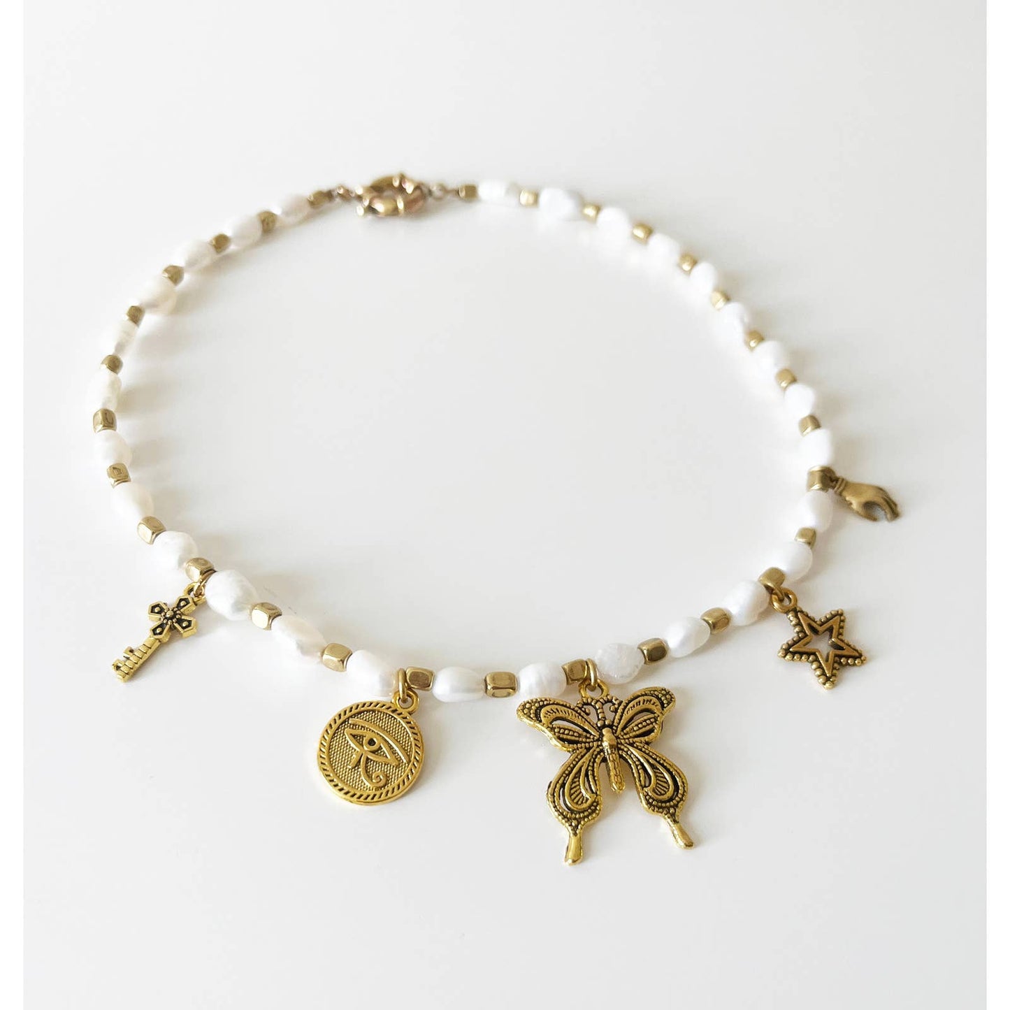 Handmade Brass Freshwater Pearl Charm Necklace