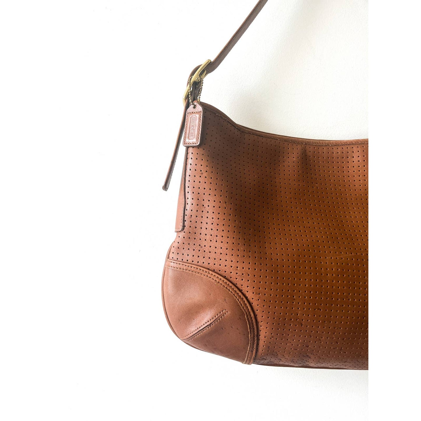 90s Vintage Carmel Brown Coach Leather Perforated Shoulder Bag