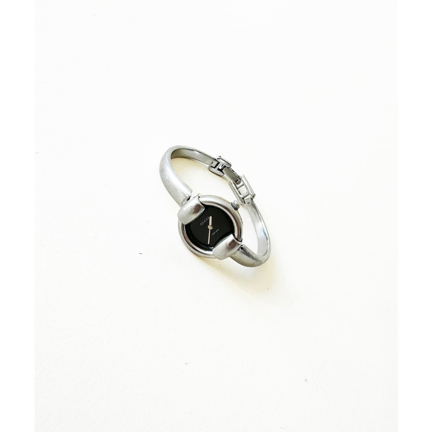 Vintage Gucci Silver Bracelet Watch with Black Circular Face