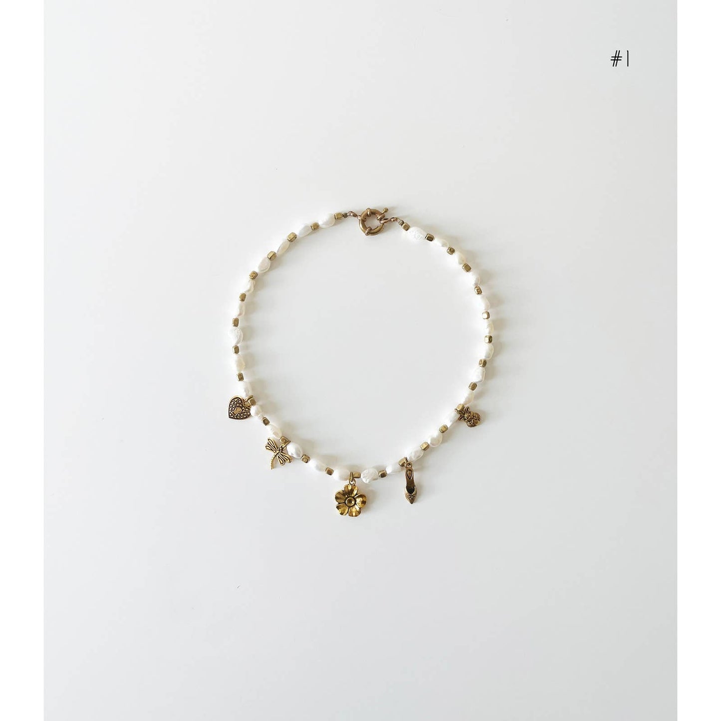Handmade Brass Freshwater Pearl Charm Necklace