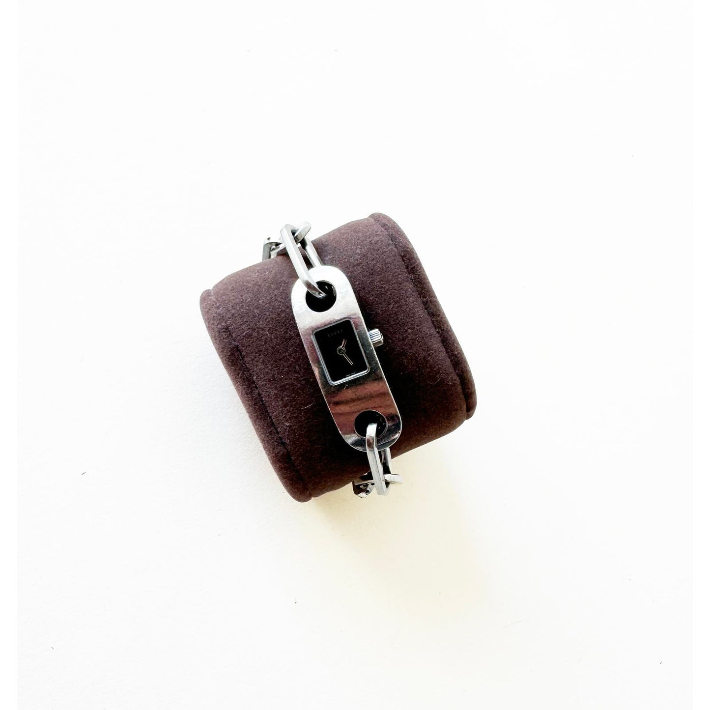 Vintage Gucci Silver Chain Bracelet Watch with Black Square Face